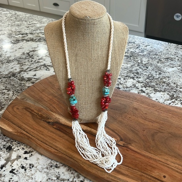 Jewelry - Gorgeous Vintage Glass Seedbead Necklace With Red Coral And Turquise Chu…